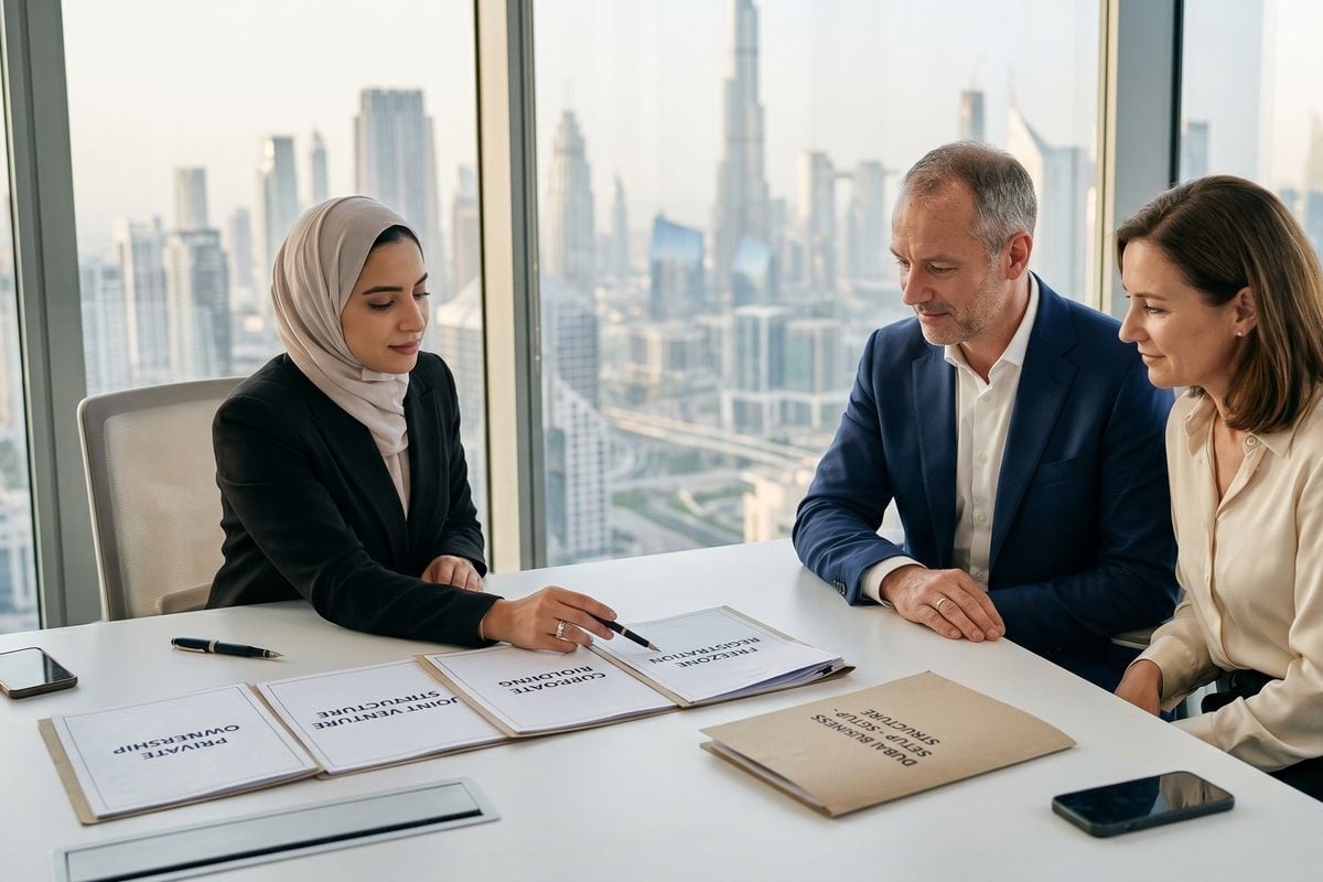 Deutscher Investor und Ehepartnerin sitzen mit UAE-Beraterin in einem hellen Dubai-Büro und prüfen die finale Struktur