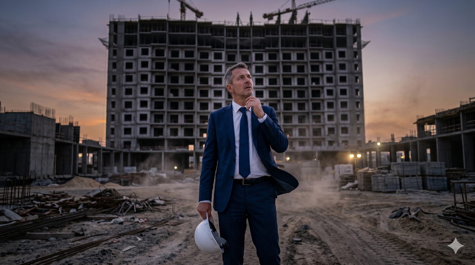 Investor im Anzug allein auf Dubai-Construction-Site bei Daemmerung vor unfertigem Tower mit leeren Fensterflaechen, Symbolbild fuer Off-Plan-Lockruf in der zweiten Reihe