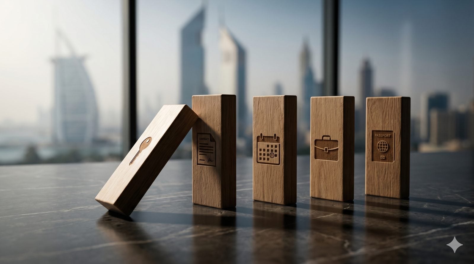 Konzeptionelle Editorial-Stillife: vier Holz-Domino-Bloecke mit Symbolen (Schluessel, Vertrag, Aktenkoffer, Kalender) vor unscharfer Dubai-Skyline, der erste kippt