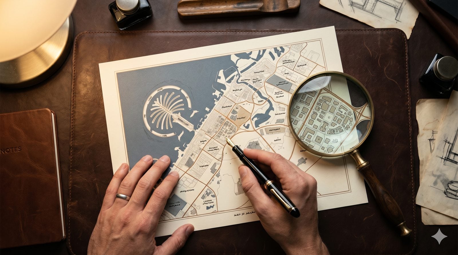 Top-down: Hand mit Fountain-Pen auf gedruckter Dubai-Distriktkarte mit Lupe — Investor-Lage-Analyse