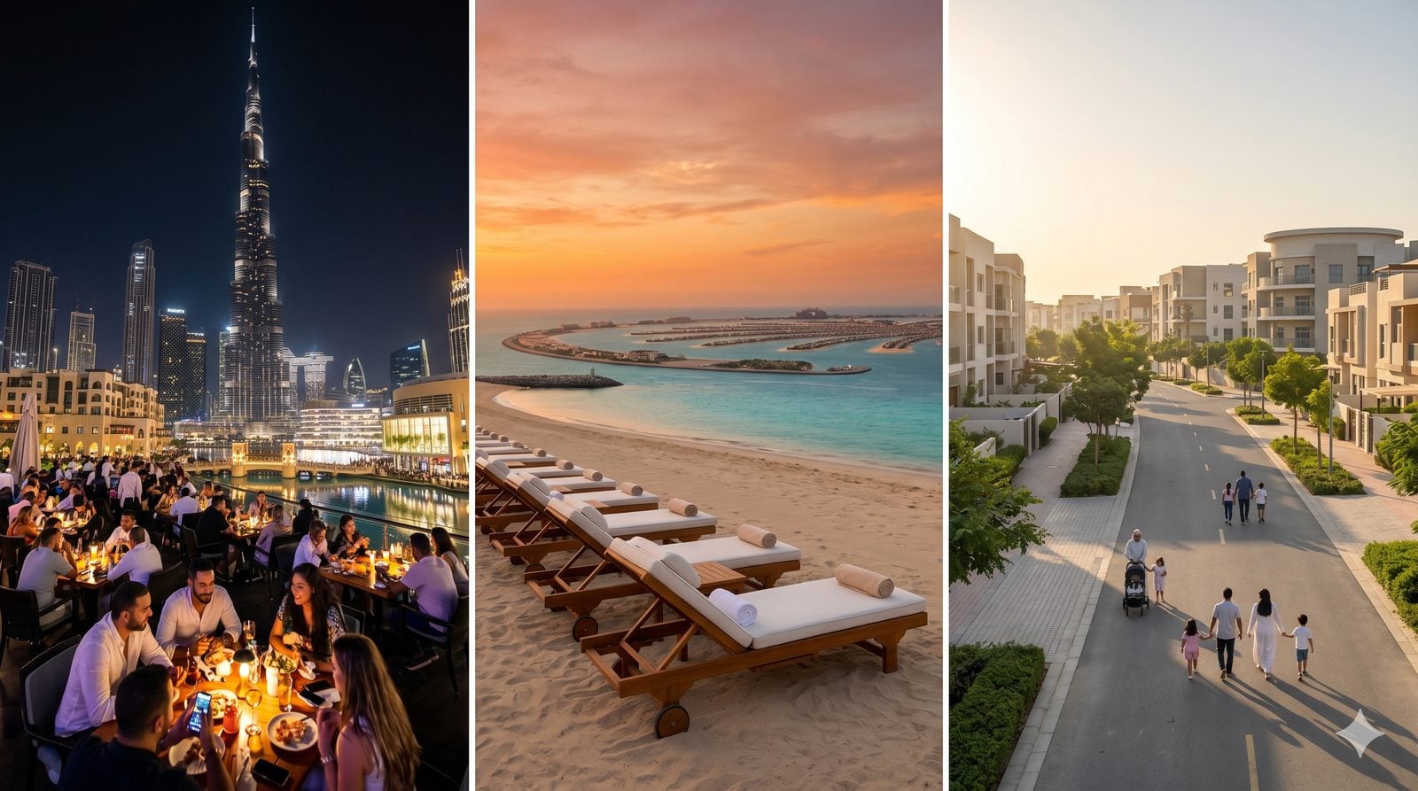 Drei-Panel-Editorial: Downtown-Restaurant-Terrasse bei Nacht, leere Palm Jumeirah Beach bei Sonnenuntergang, ruhige JVC-Wohnstrasse am Morgen — drei Dubai-Lebenswelten