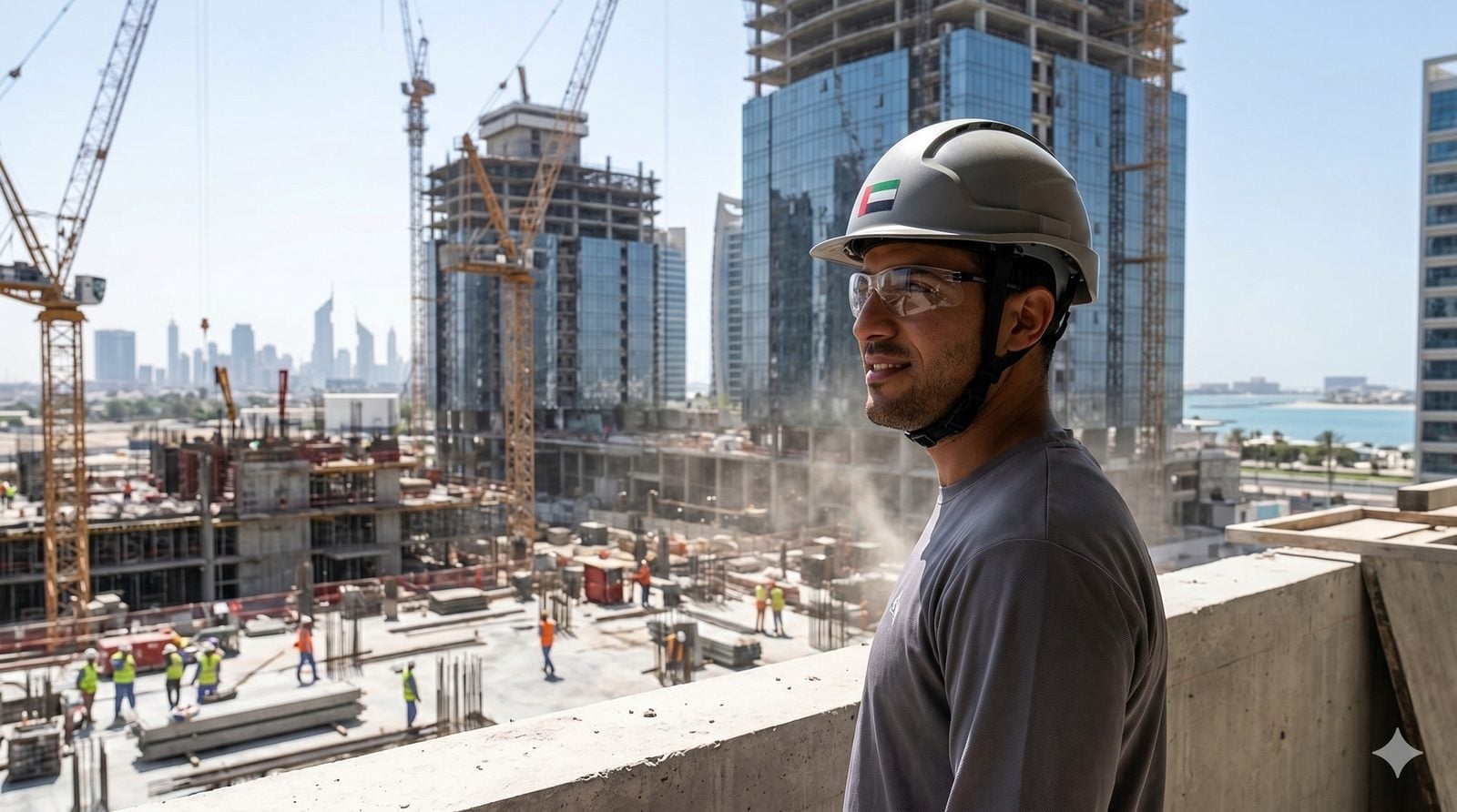 Bauarbeiter mit UAE-Helm vor Dubai-Construction-Skyline, Symbolbild für die Diversifizierung der UAE-Wirtschaft