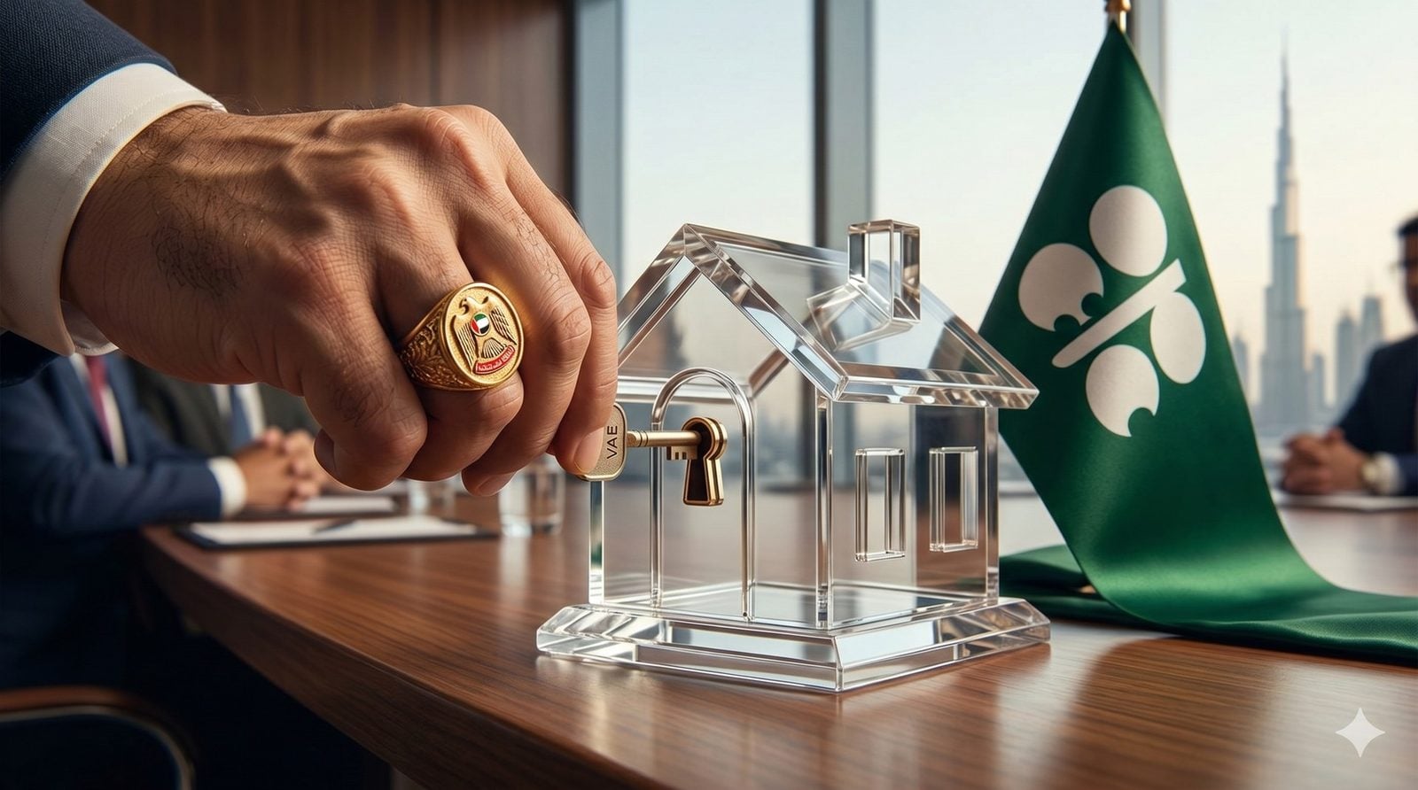 Hand mit UAE-Wappen-Ring und Glas-Haus mit Schlüssel, Real Estate als neue strategische Säule