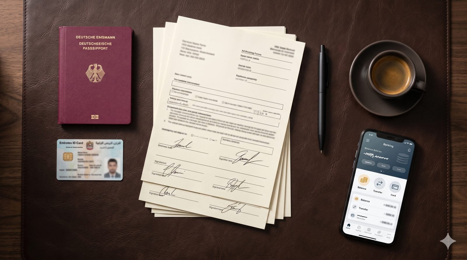 Top-down Editorial-Flatlay: deutscher Reisepass, Emirates ID, signierte Banking-Forms, Pen, Espresso und Smartphone mit Banking-App auf dunklem Leder-Schreibtisch